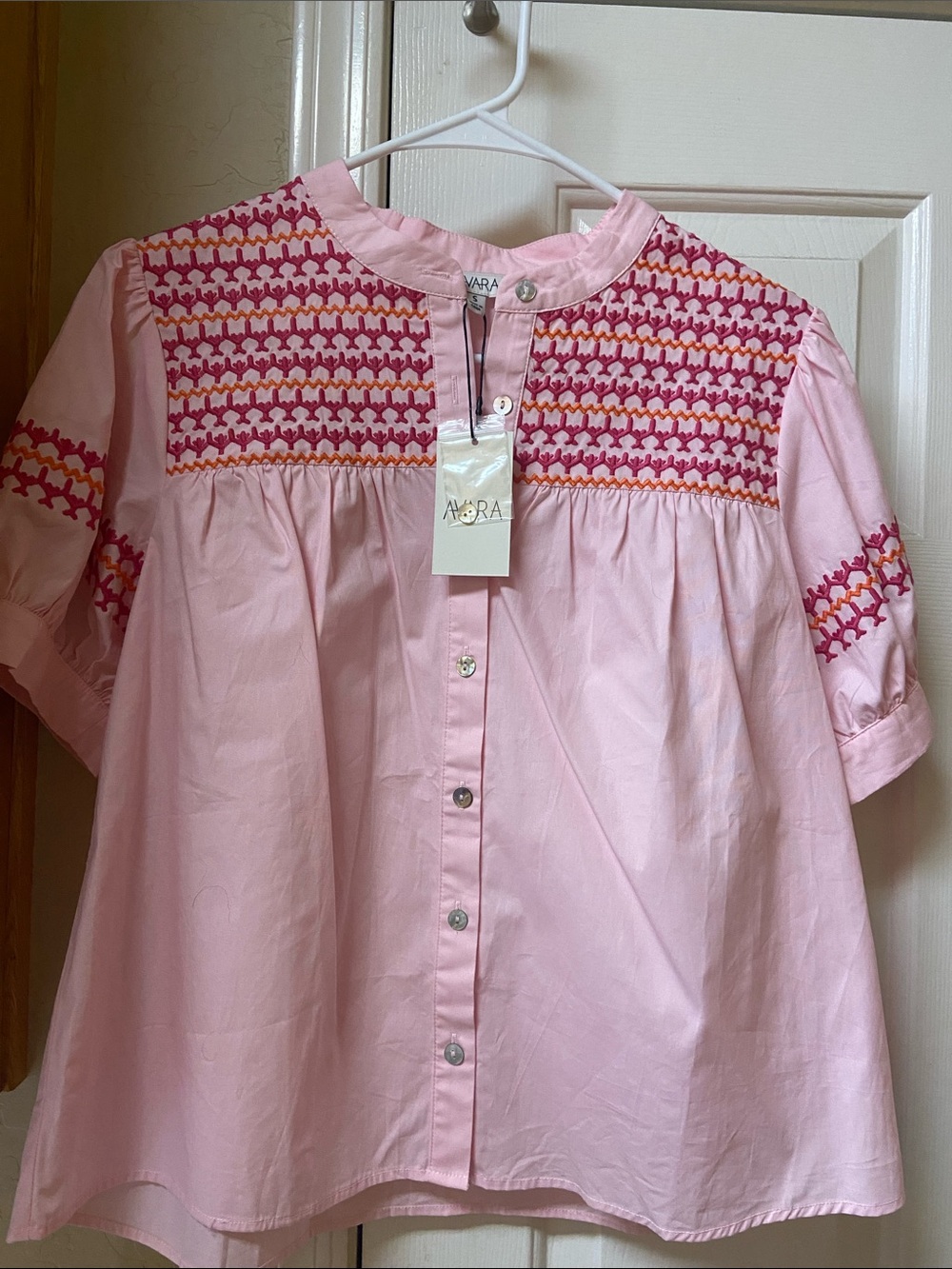 Alora Pink Embroidered Cotton Button-Front Blouse